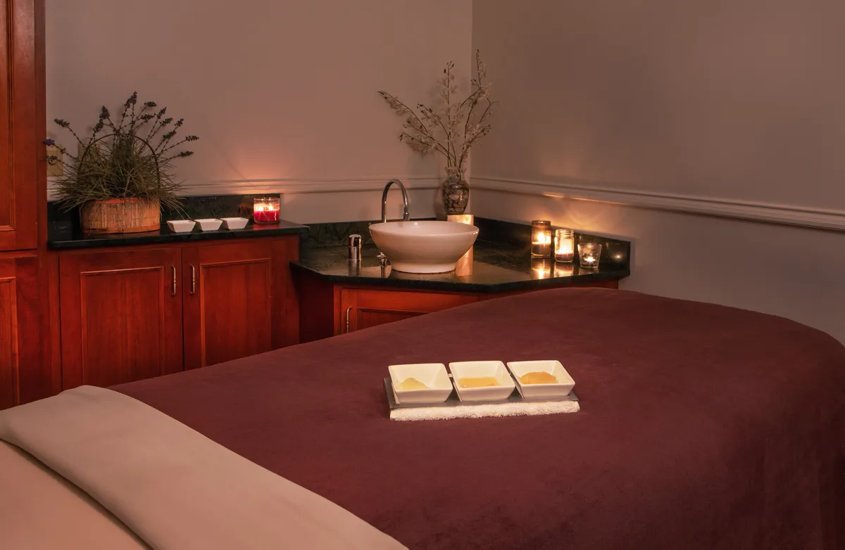 A calming spa treatment room featuring a comfortable treatment table, soft candlelight, and soothing design touches like decorative plants and sinks. The space evokes a sense of luxurious pampering and relaxation, ideal for wellness-focused guests.